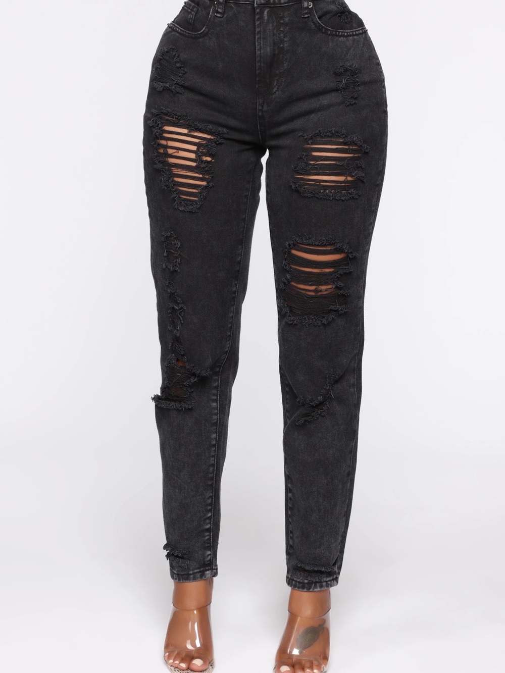 Fashion Nova Black High-Rise Ripped Mom Jeans size: 3